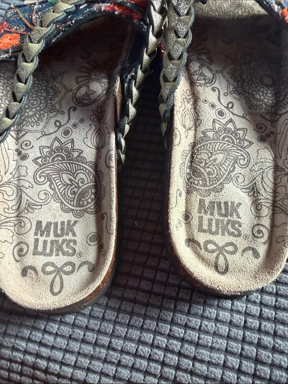 Muk Luks Floral Braided Slide Sandals - Black with Orange & Green Accents